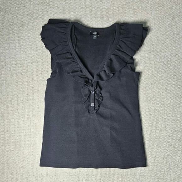 Express Black Ribbed Ruffle Shoulder Tank Cotton Spandex Size L - Picture 4 of 11